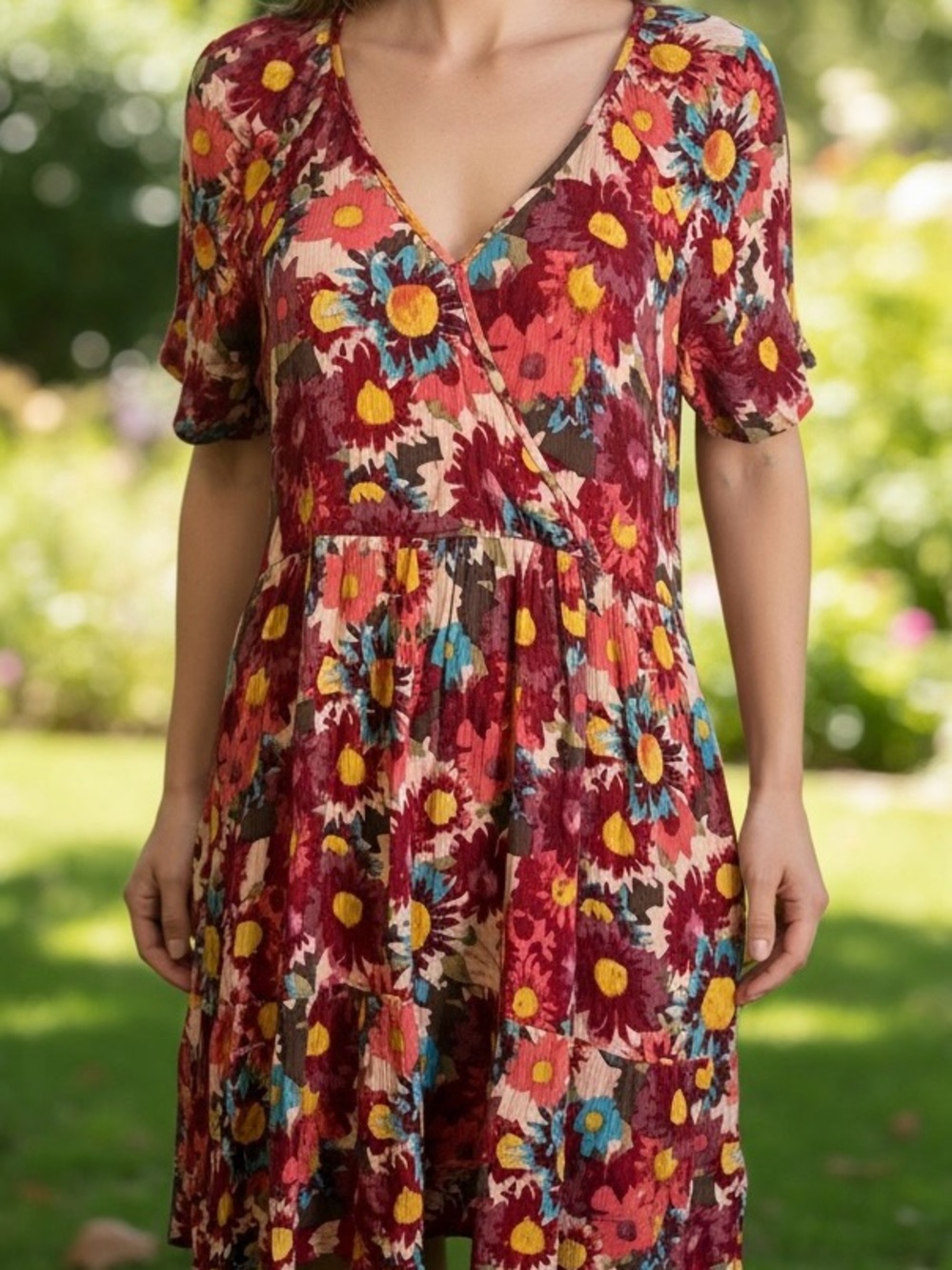 Bobeau Floral Faux Wrap Dress S Boho Pockets Flowy Rayon - Picture 2 of 8